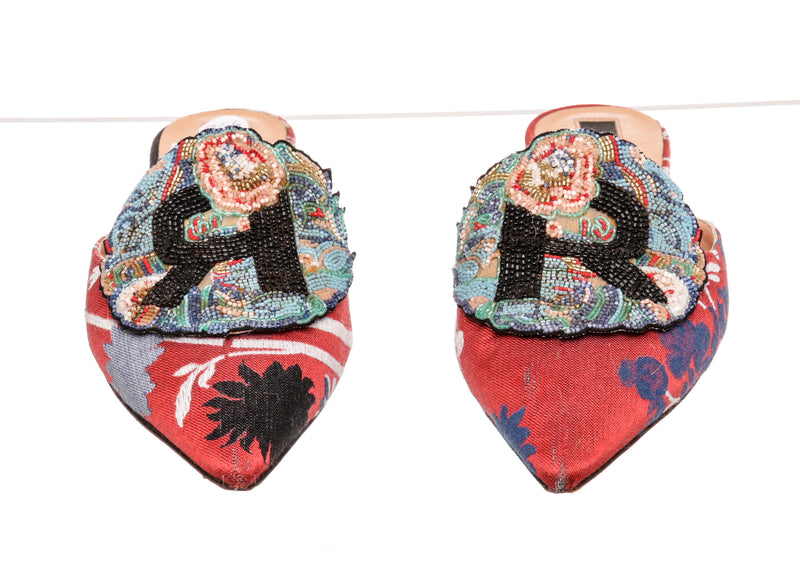 Rochas Multicolor Silk Embroidered Slides Size 36.5