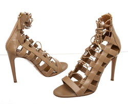 Aquazurra Nude Leather Lace Up Cage Amazon 105 Sandals Size 38