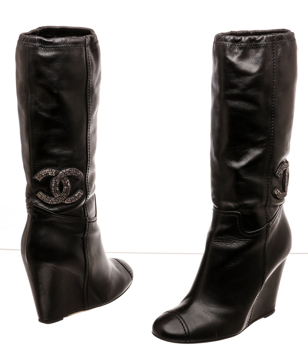 Chanel Black Leather Wedge Boots Size 37.5