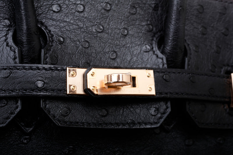Hermes Black Noir Ostrich Leather Birkin 25cm Birkin Rose Gold Hardware