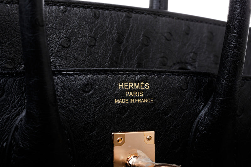 Hermes Black Noir Ostrich Leather Birkin 25cm Birkin Rose Gold Hardware