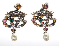 Gucci Gold Multicolor Crystal and Pearl Drop GG Logo Earrings