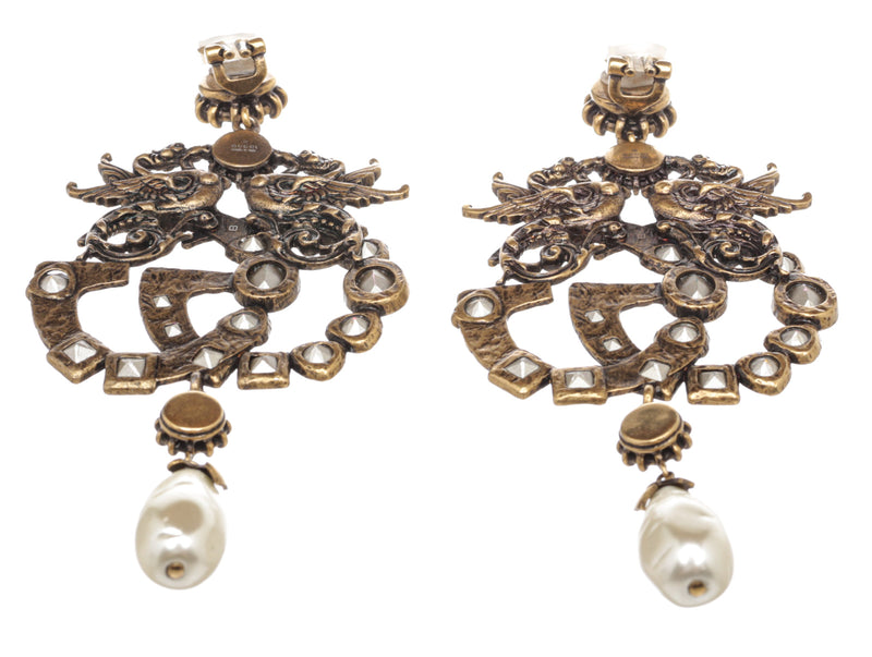 Gucci Gold Multicolor Crystal and Pearl Drop GG Logo Earrings