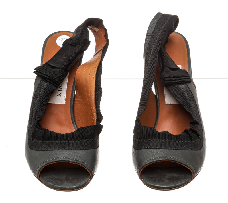 Lanvin Black Leather Mirror Heel Slingback Shoes Size 38