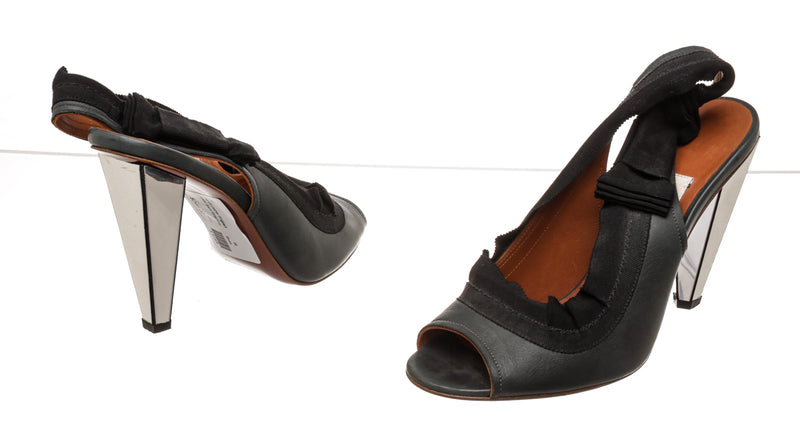 Lanvin Black Leather Mirror Heel Slingback Shoes Size 38
