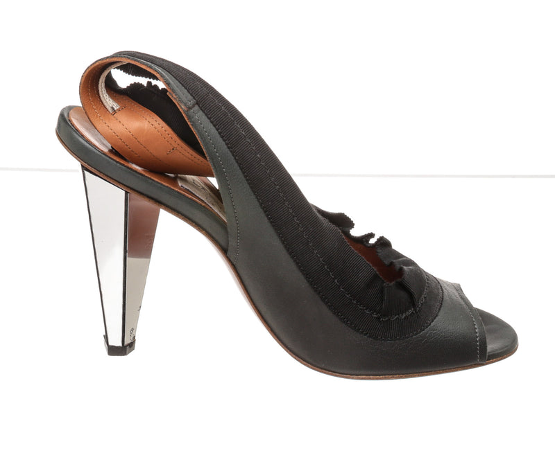 Lanvin Black Leather Mirror Heel Slingback Shoes Size 38
