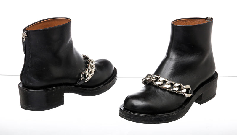 Givenchy Black Leather Silver Chain Combat Boots Size 6