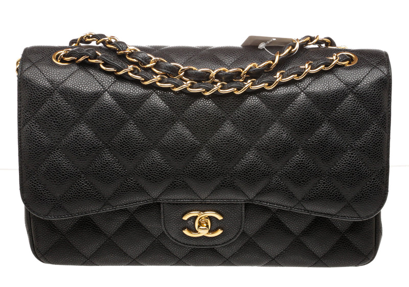 CHANEL Classic Jumbo Double Flap Quilted Caviar Leather Shoulder Bag Black