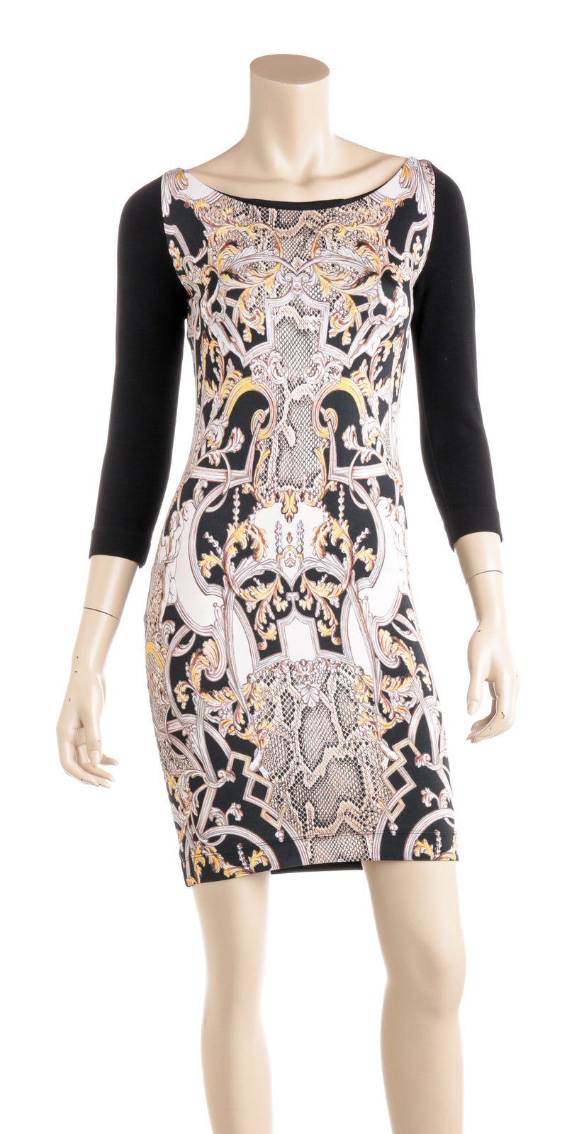 Just Cavalli Black Gold & Brown Print Bodycon Dress Long Sleeves Size Small