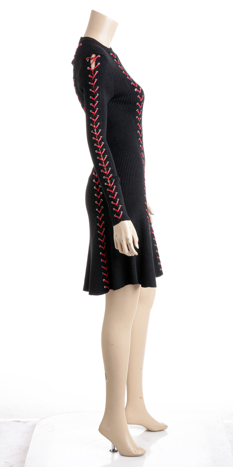 Alexander McQueen Black With Red Laced Stripes Flared Knitwear Dress Size Large