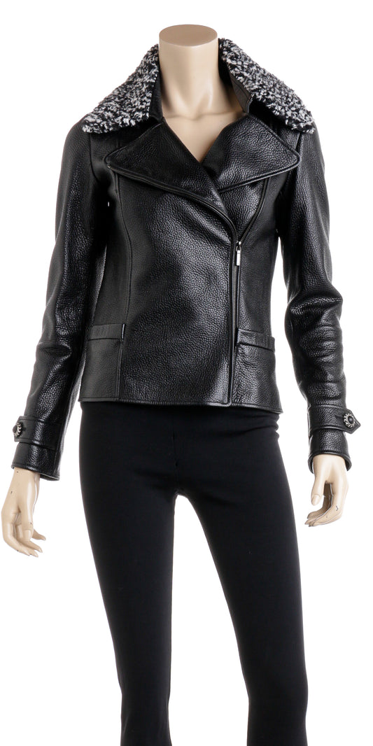 Chanel Black Leather Motorcycle Style Jacket with Boucle Collar Size 36