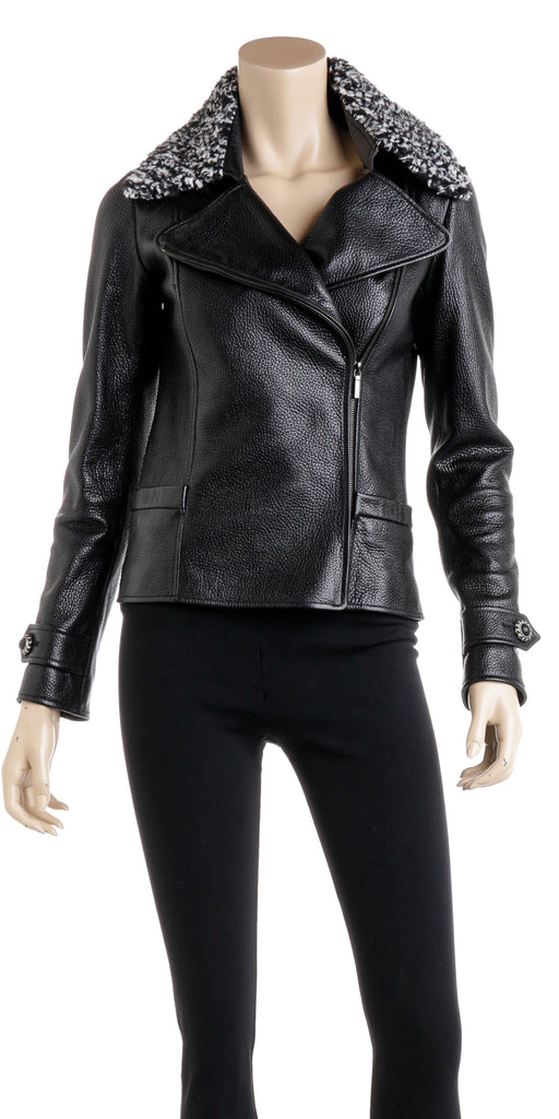 Chanel Black Leather Motorcycle Style Jacket with Boucle Collar Size 3 – On Que  Style
