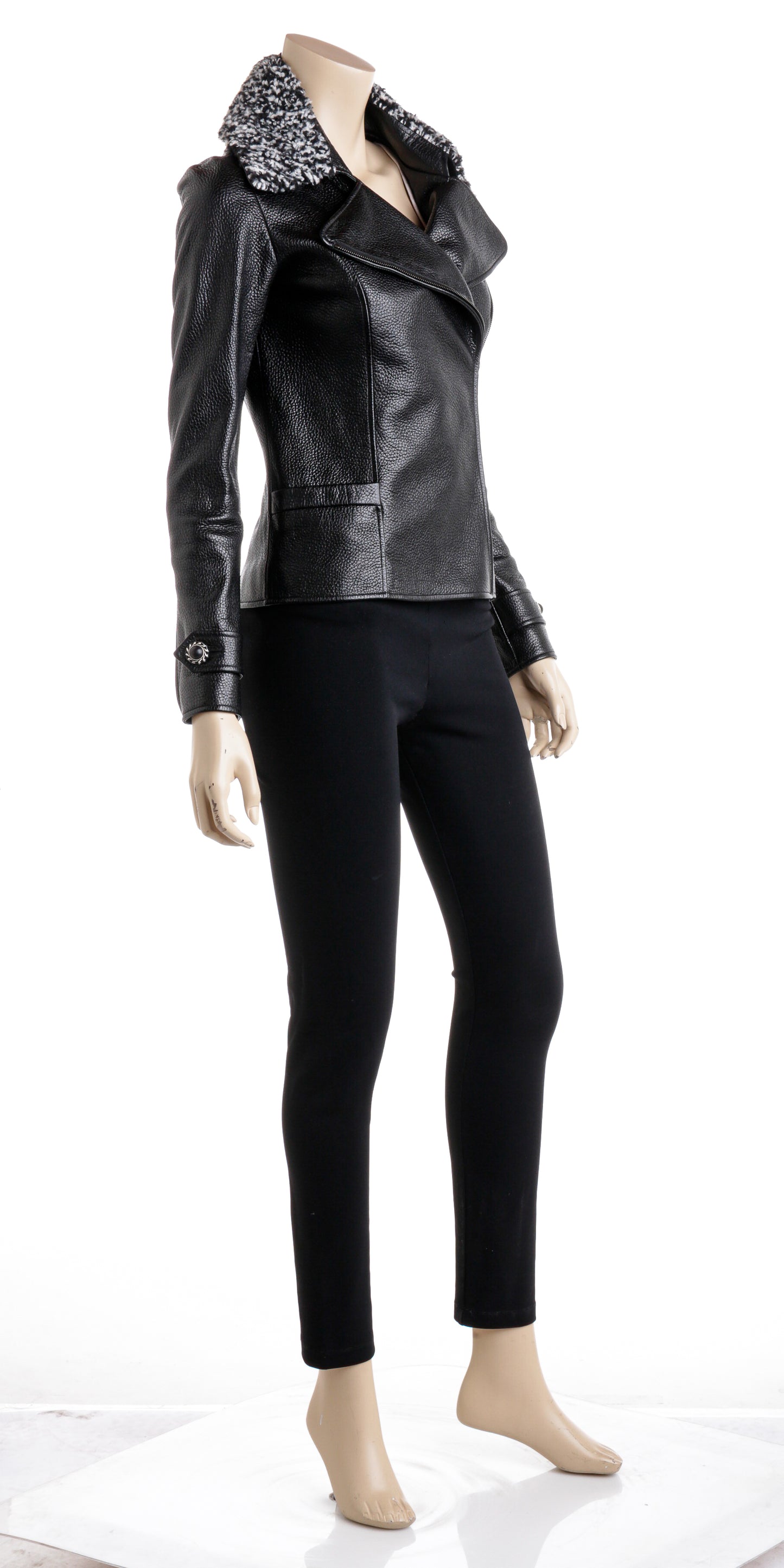 Chanel Black Leather Motorcycle Style Jacket with Boucle Collar Size 36