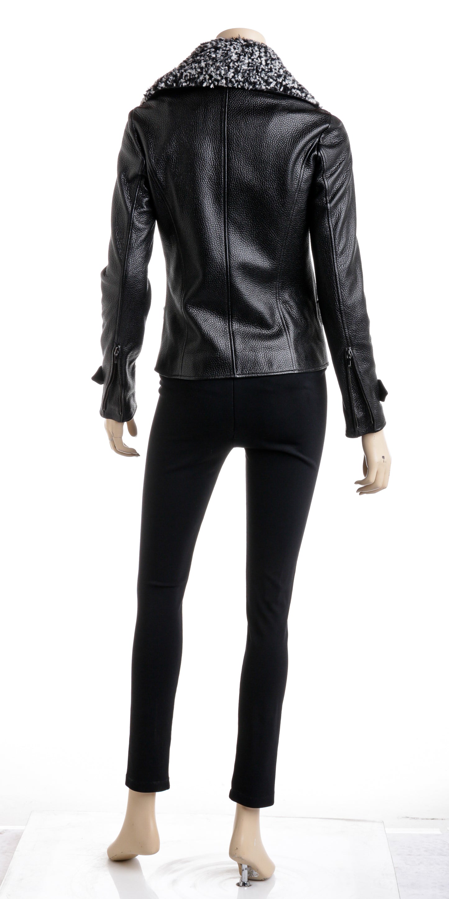 Chanel Black Leather Motorcycle Style Jacket with Boucle Collar Size 36