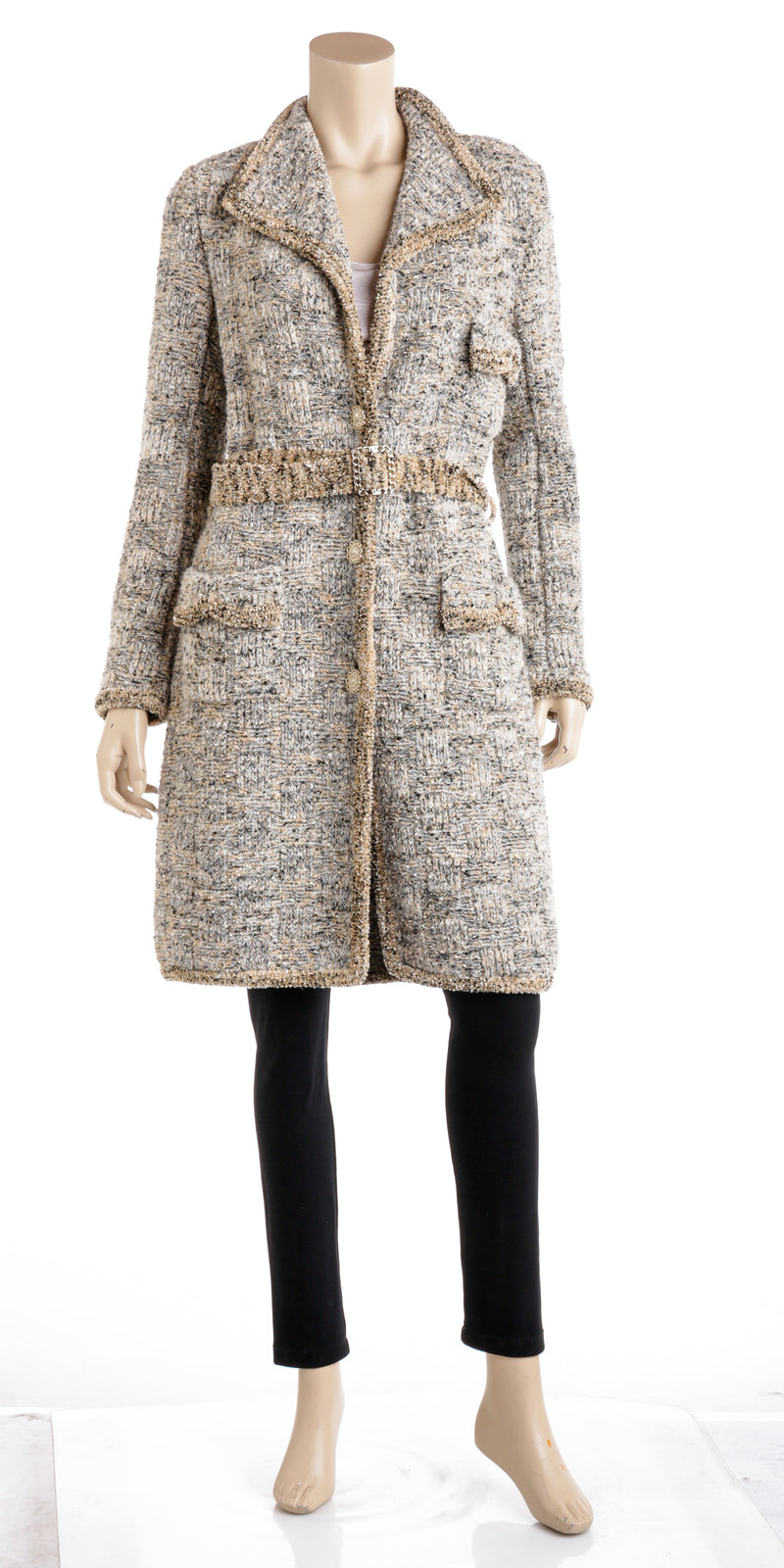 Chanel Gold and Cream Multicolor Tweed Knit Belted Coat Size 34