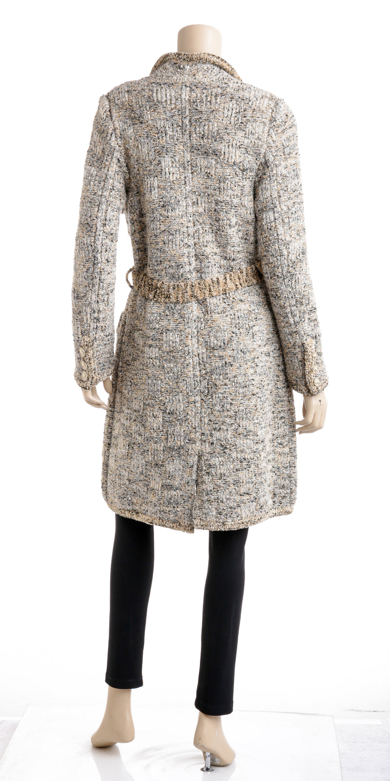 Chanel Gold and Cream Multicolor Tweed Knit Belted Coat Size 34
