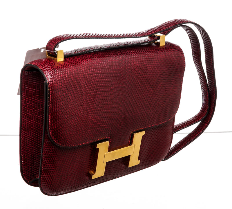 Hermes Burgundy Lizard Skin Leather 23cm Constance Shoulder Bag