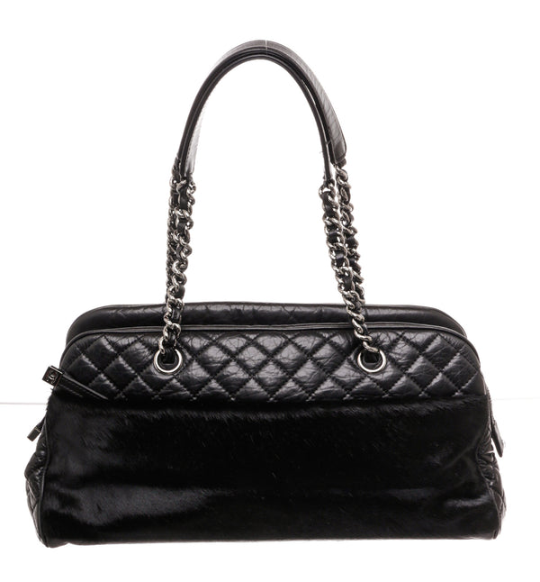 Chanel Black Lambskin Leather and Fur Satchel Silver Hardware