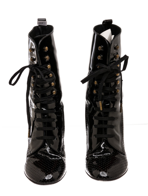 Chanel Black Patent Leather Lace-up Boots Size 37