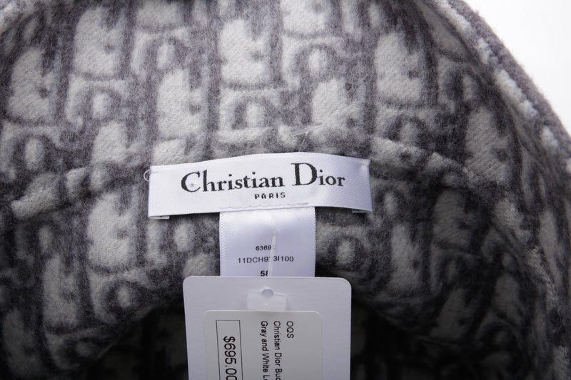 Christian Dior Wool & Silk Grey White Reversible Oblique Bucket Hat Size 58