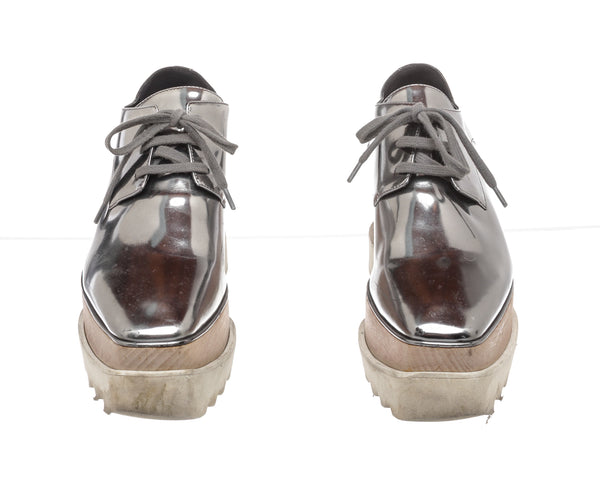 Stella McCartney Metallic Silver Patent Leather Elyse Platform Shoes Size 37