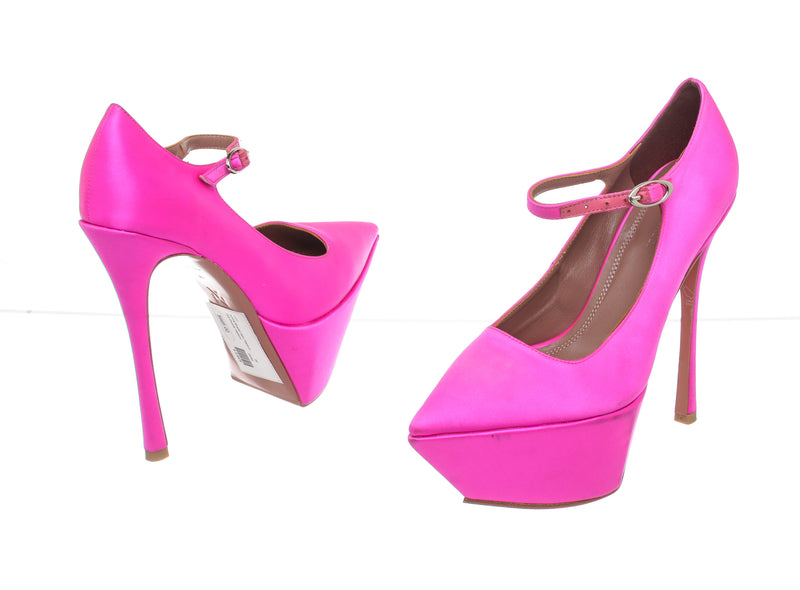 Amina Muaddi Pink Satin Angelica Platform Shoes Size 39