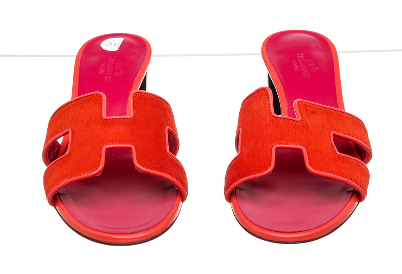 Hermes Red and Magenta Ponyhair Sandals Size 37.5