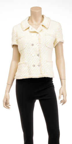 Chanel Boutique Yellow and White Boucle Short Sleeve Jacket Size 40