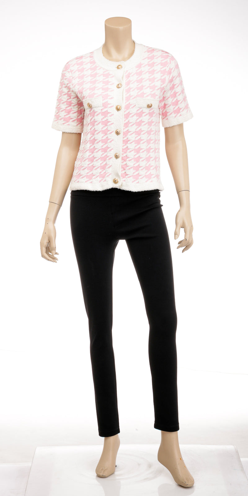 Balmain Pink and White Houndstooth Terry Jacquard Cardigan Size S