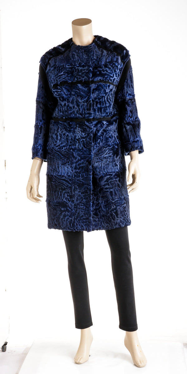 Kiton Blue and Black Collarless Fur Coat Size 40