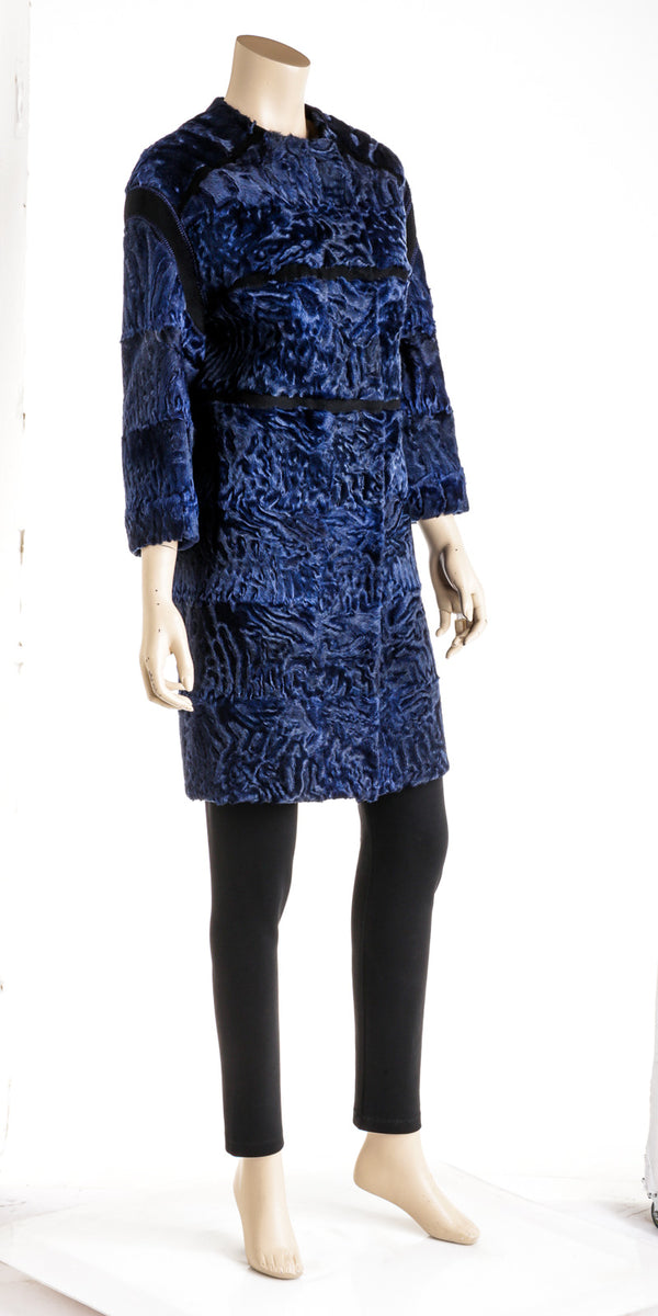 Kiton Blue and Black Collarless Fur Coat Size 40