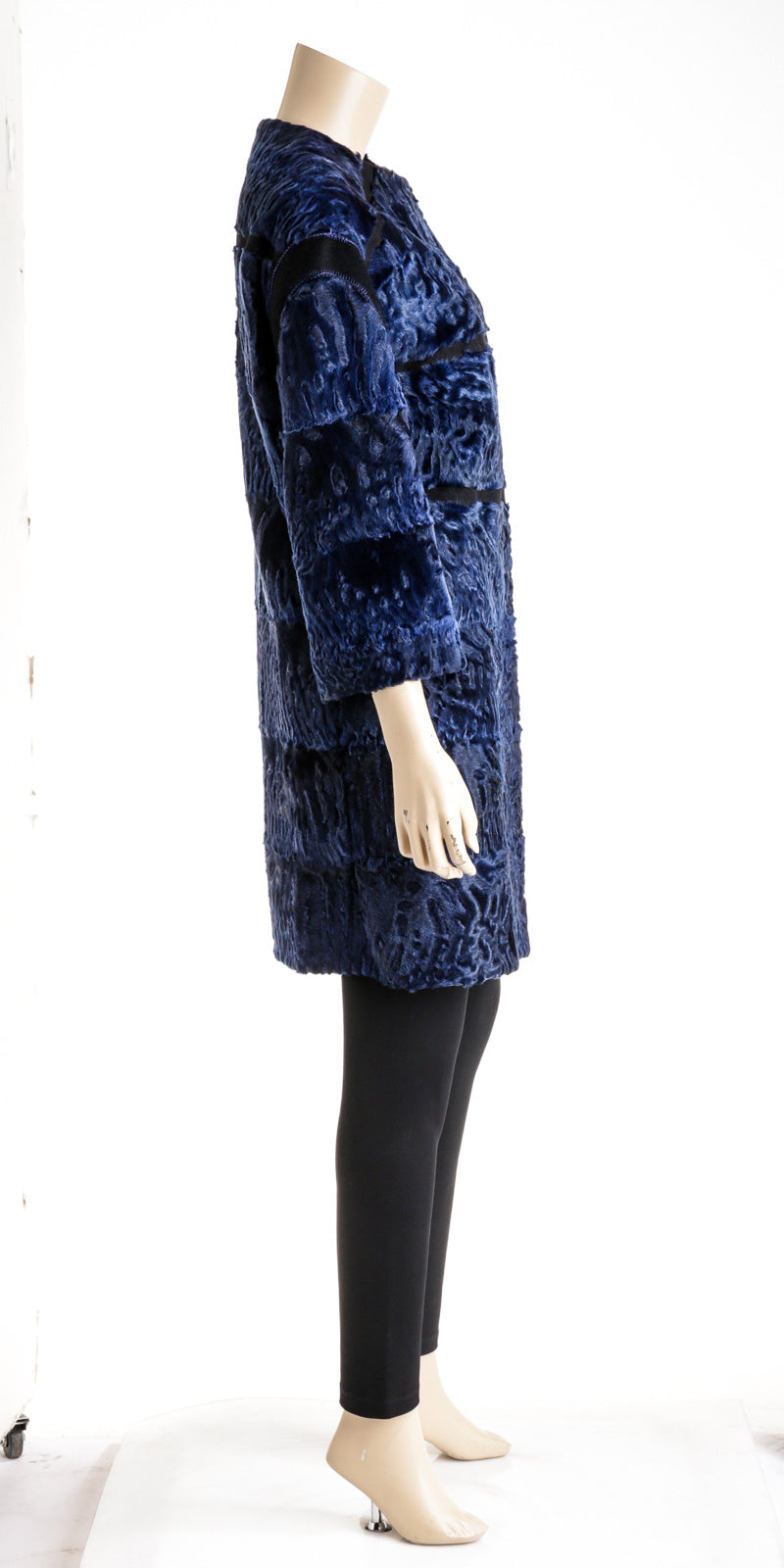 Kiton Blue and Black Collarless Fur Coat Size 40