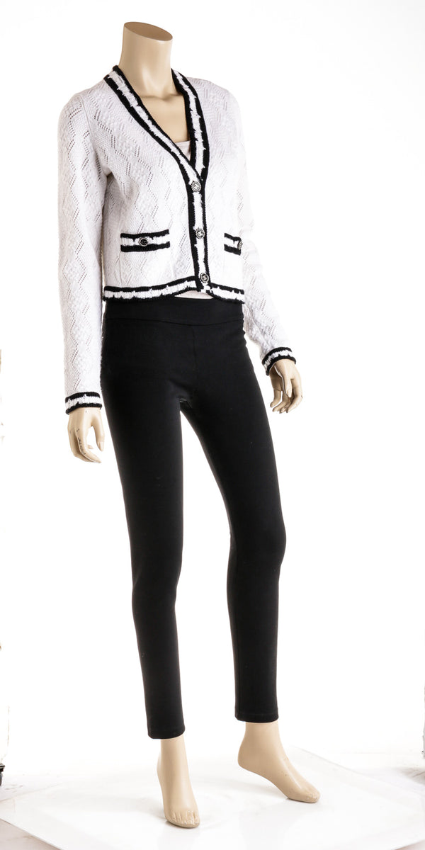 Chanel White and Black Stripe 22 Cashmere Knit Cropped Cardigan Size 38