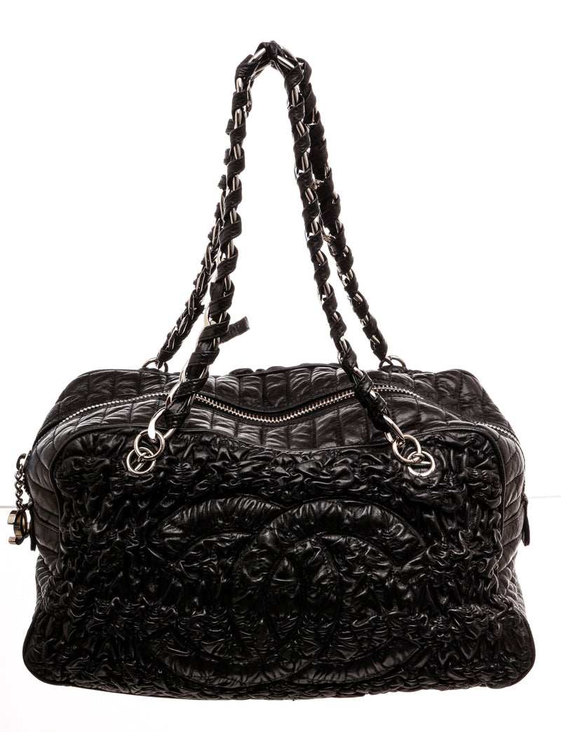 Chanel Black Lambskin Leather Astrakhan Bowler Bag